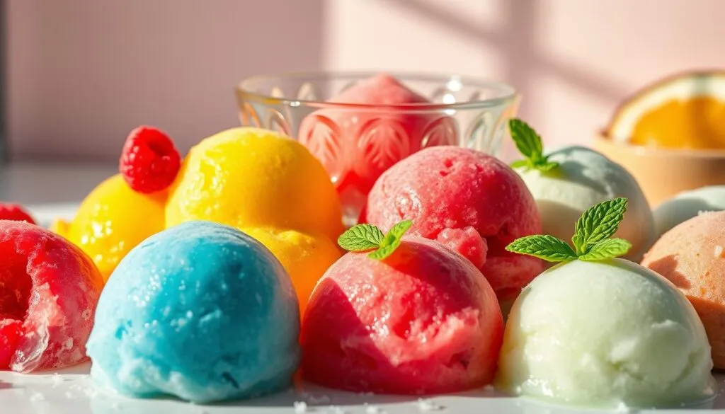 A vibrant array of sorbet flavors, each a unique and captivating delight. In the foreground, an assortment of scoops showcases a rainbow of colors - rich raspberry, zesty lemon, cool mint, and creamy coconut. The middle ground features an elegant glass serving dish, its curved form reflecting the light and casting soft shadows. In the background, a minimalist backdrop of soft pastels, creating a serene and inviting atmosphere. The scene is bathed in warm, natural lighting, highlighting the sorbet's smooth, glossy texture and enticing the viewer to indulge in the delightful flavors. A visually stunning representation of the endless possibilities for creative and delicious vegan sorbet.