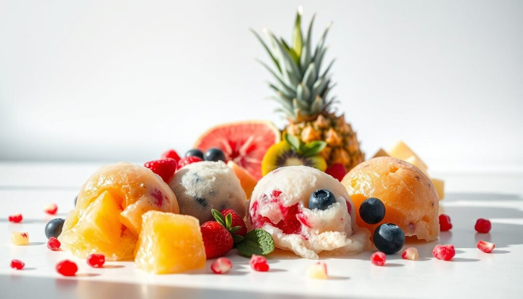 A vibrant, colorful assortment of frozen fruit treats, artfully arranged on a sleek, modern surface. In the foreground, luscious scoops of peach, strawberry, blueberry, and pineapple sorbet glisten under soft, natural lighting, their vibrant hues accentuated by strategic shadows. The middle ground features fresh, ripe fruit slices and berries, strategically placed to complement the frozen treats. In the background, a minimalist, white backdrop creates a clean, airy atmosphere, allowing the vibrant colors of the fruit to take center stage. The overall scene exudes a refreshing, summery vibe, inviting the viewer to indulge in these delightful, fruit-forward frozen delights.