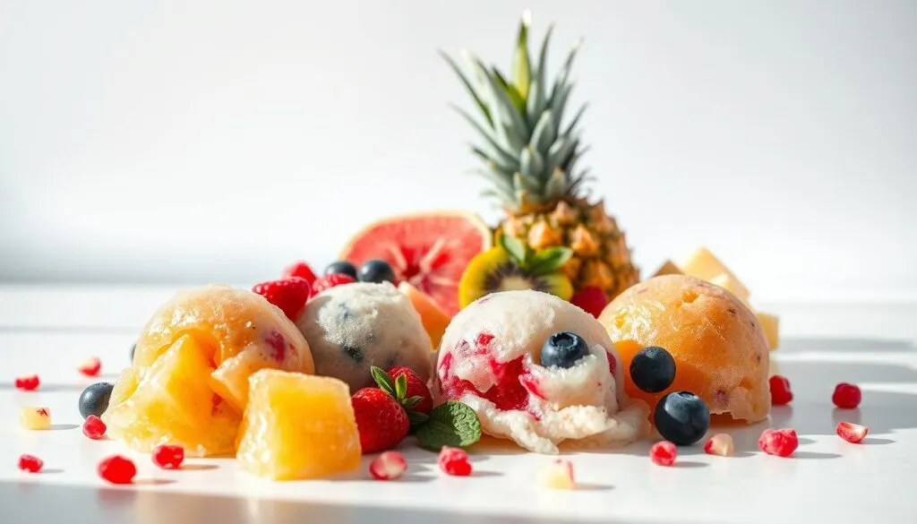 A vibrant, colorful assortment of frozen fruit treats, artfully arranged on a sleek, modern surface. In the foreground, luscious scoops of peach, strawberry, blueberry, and pineapple sorbet glisten under soft, natural lighting, their vibrant hues accentuated by strategic shadows. The middle ground features fresh, ripe fruit slices and berries, strategically placed to complement the frozen treats. In the background, a minimalist, white backdrop creates a clean, airy atmosphere, allowing the vibrant colors of the fruit to take center stage. The overall scene exudes a refreshing, summery vibe, inviting the viewer to indulge in these delightful, fruit-forward frozen delights. A vibrant, colorful assortment of frozen fruit treats, artfully arranged on a sleek, modern surface. In the foreground, luscious scoops of peach, strawberry, blueberry, and pineapple sorbet glisten under soft, natural lighting, their vibrant hues accentuated by strategic shadows. The middle ground features fresh, ripe fruit slices and berries, strategically placed to complement the frozen treats. In the background, a minimalist, white backdrop creates a clean, airy atmosphere, allowing the vibrant colors of the fruit to take center stage. The overall scene exudes a refreshing, summery vibe, inviting the viewer to indulge in these delightful, fruit-forward frozen delights.