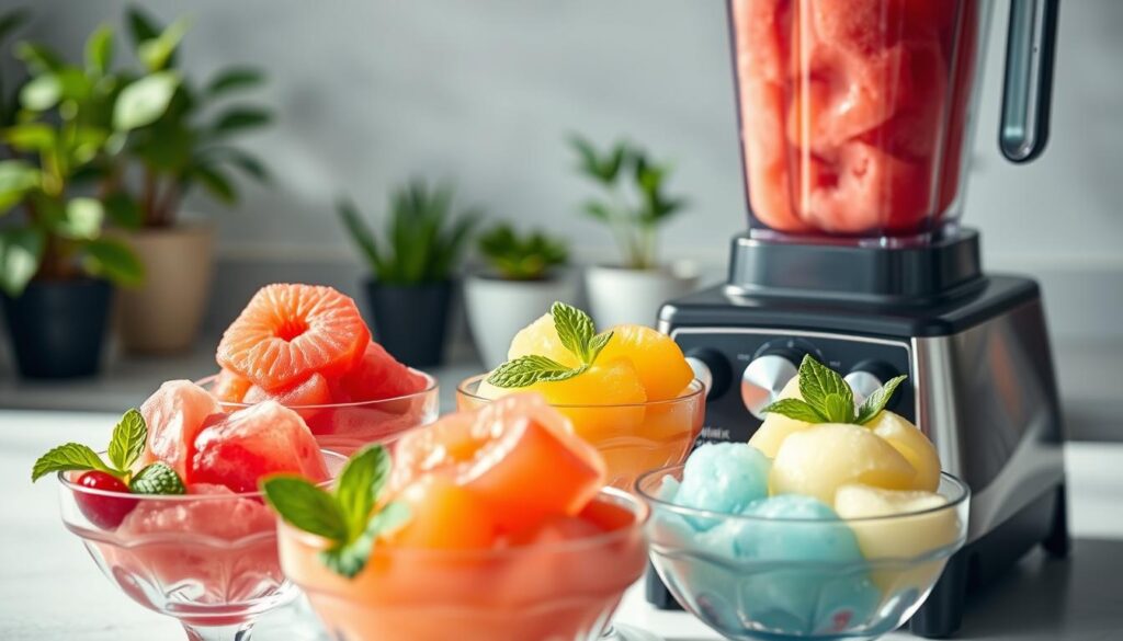 A vibrant, high-resolution image of a refreshing Vitamix sorbet. In the foreground, an array of colorful sorbets in glass bowls, with fresh fruit slices and mint leaves as garnishes. The middle ground features the Vitamix blender, its sleek stainless steel body gleaming under soft, natural lighting. In the background, a minimalist kitchen countertop or table, with a few potted plants adding a touch of greenery. The overall mood is one of simplicity, freshness, and culinary expertise, perfectly capturing the essence of homemade Vitamix sorbet recipes.