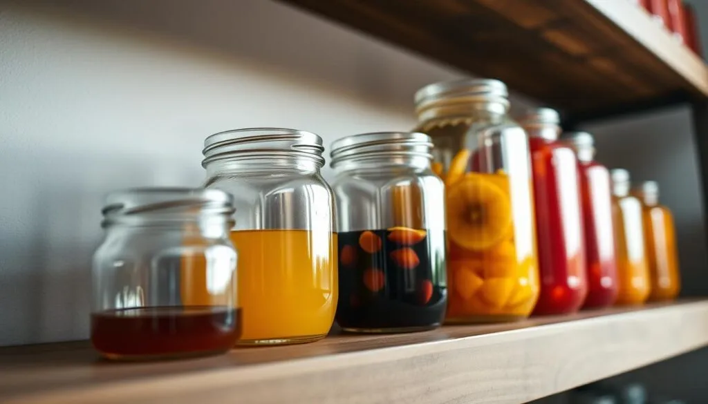 A well-lit, close-up image of a series of glass jars neatly arranged on a wooden shelf. The jars have various fruit-based syrups in rich, vibrant colors. The lighting is soft and natural, illuminating the textures of the glass and the contents within. The background is a plain, neutral wall, keeping the focus on the jars. The angle is slightly elevated, giving a sense of depth and perspective to the scene. An atmosphere of calm, organized storage and preservation, perfect for showcasing the delicious fruit syrups.