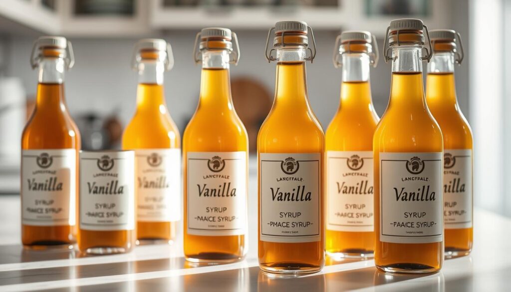 A well-lit kitchen countertop showcasing an array of clear glass bottles filled with rich, creamy vanilla syrups. The bottles have classic, minimalist labels that highlight the pure, natural ingredients. The syrups have a glossy, slightly viscous appearance, emanating a warm, comforting aroma. The scene is bathed in soft, diffused lighting, creating a serene, inviting ambiance. In the background, a blurred view of a tidy, modern kitchen setting provides context. The composition emphasizes the artisanal, homemade quality of the syrups, conveying a sense of craftsmanship and attention to detail.