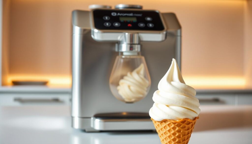 An elegant, stainless steel ice cream maker set against a bright, minimalist backdrop. The machine features a sleek, cylindrical design with a clear bowl for viewing the churning process. Soft, diffused lighting casts a warm glow, highlighting the machine's polished surfaces and the creamy, frozen confection within. The overall scene conveys a sense of culinary precision and artistry, befitting the task of crafting a delicious homemade treat.