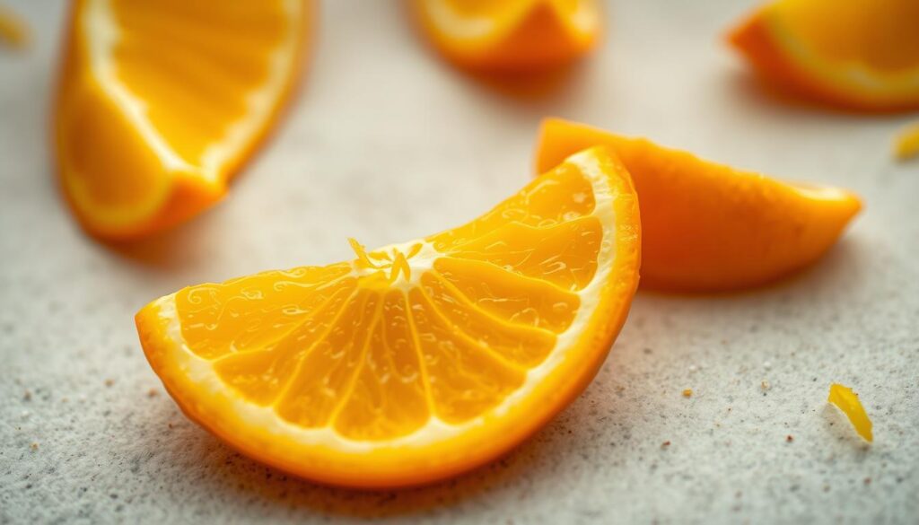 Close-up photograph of fresh orange zest, showing the vibrant orange peels with intricate patterns and a slight sheen. The zest is placed on a neutral, slightly textured background, with a soft, even lighting that highlights the natural beauty and aroma of the citrus. The image is captured with a macro lens, providing a detailed, high-resolution view that emphasizes the delicate, lacy structure and the vivid, almost glowing color of the orange zest. The overall mood is clean, elegant, and inviting, showcasing the key ingredient in a delicious cranberry sorbet recipe.