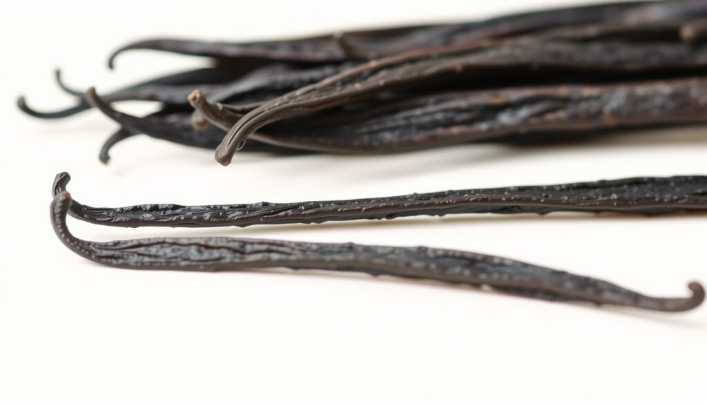 High-resolution close-up of fresh vanilla bean pods, displaying the distinctive black vanilla specks against a light background. The pods are displayed in a natural, artful arrangement, with a soft, diffused lighting that highlights the intricate texture and translucent quality of the beans. The image has a clean, minimalist aesthetic, drawing the viewer's attention to the beauty and complexity of the vanilla bean itself. The overall mood is one of elegance, simplicity, and the promise of delicious, aromatic vanilla flavor.