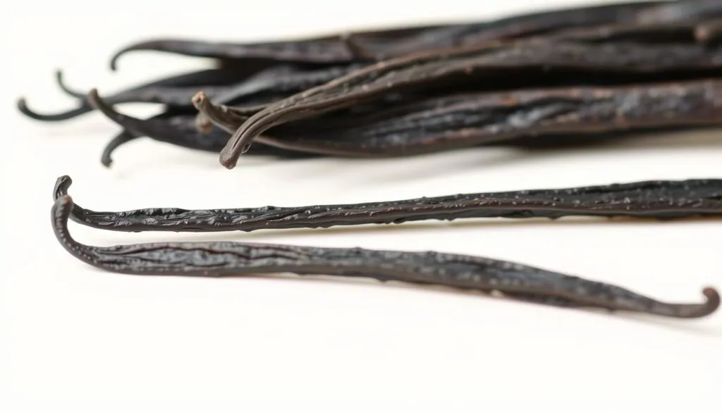 High-resolution close-up of fresh vanilla bean pods, displaying the distinctive black vanilla specks against a light background. The pods are displayed in a natural, artful arrangement, with a soft, diffused lighting that highlights the intricate texture and translucent quality of the beans. The image has a clean, minimalist aesthetic, drawing the viewer's attention to the beauty and complexity of the vanilla bean itself. The overall mood is one of elegance, simplicity, and the promise of delicious, aromatic vanilla flavor. High-resolution close-up of fresh vanilla bean pods, displaying the distinctive black vanilla specks against a light background. The pods are displayed in a natural, artful arrangement, with a soft, diffused lighting that highlights the intricate texture and translucent quality of the beans. The image has a clean, minimalist aesthetic, drawing the viewer's attention to the beauty and complexity of the vanilla bean itself. The overall mood is one of elegance, simplicity, and the promise of delicious, aromatic vanilla flavor.