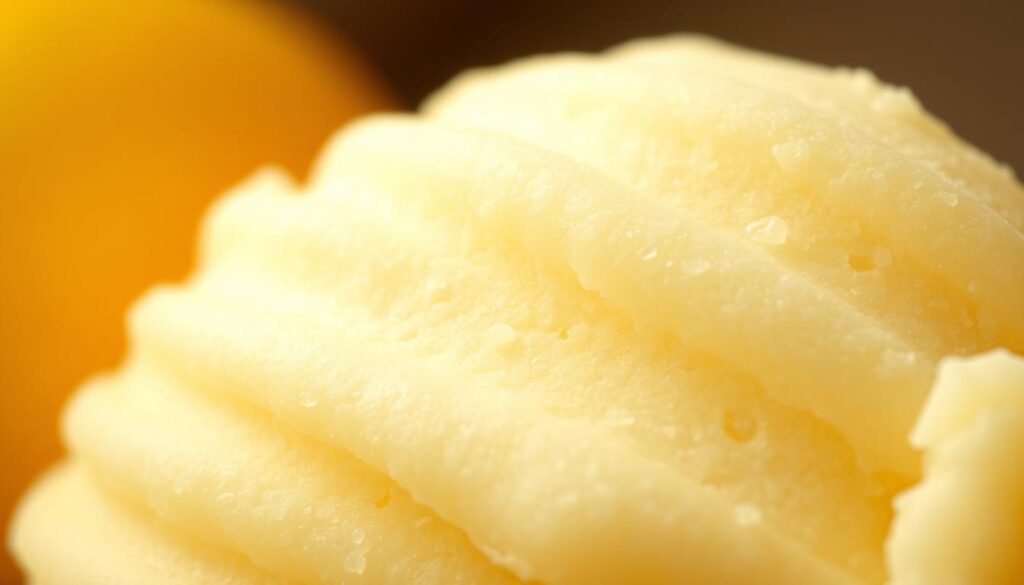 Smooth, creamy sherbet texture with a soft, delicate mouthfeel. Detailed close-up shot illuminated by warm, diffused natural lighting, highlighting the luscious, gelato-like consistency and subtle sheen. Subtle pastel hues of pale yellow and soft orange, evocative of a classic lemon sorbet. Slight graininess and gentle imperfections suggest artisanal, handcrafted quality. Captured at a slight low angle to accentuate the luxurious, pillowy softness. Shallow depth of field blurs the background, keeping the viewer's focus on the exquisite textural details.