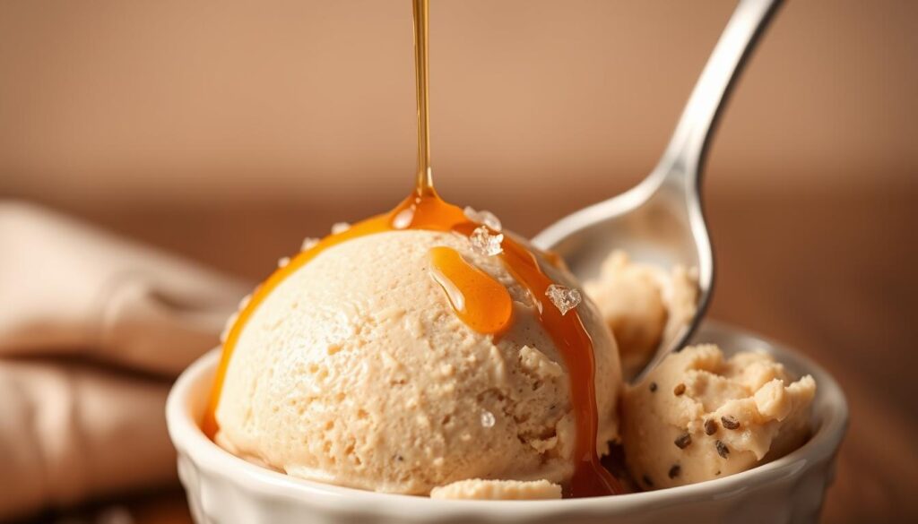 A smooth, creamy chocolate base with swirls of rich peanut butter, captured in a high-resolution close-up shot under soft, warm lighting. The texture is velvety and inviting, with a subtle sheen that reflects the light, hinting at the decadence within. The composition is centered, placing the luscious treat as the focal point, framed by a minimalist, neutral background that allows the vibrant colors and mouthwatering details to shine. This image perfectly captures the indulgent essence of a guilt-free chocolate peanut butter protein ice cream base, ready to be transformed into a healthier, but equally satisfying treat.