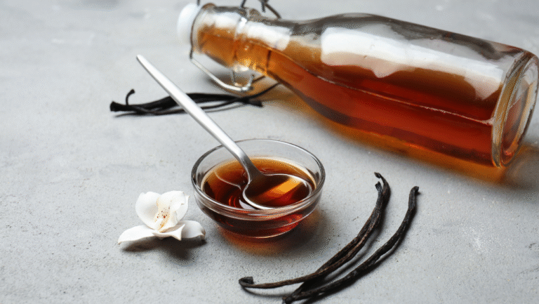 Elevate Your Drinks with Our Vanilla Bean Simple Syrup Recipe 1 A close-up view of a vanilla bean pod, split open to reveal its fragrant, creamy interior. The texture is velvety smooth, with tiny specks of vanilla caviar dotting the surface. Soft, even lighting illuminates the pod, casting subtle shadows that accentuate the pod's sculptural form. The background is a minimalist, slightly out-of-focus setting, allowing the vanilla bean to be the sole focus of attention. The overall mood is one of purity, simplicity, and an inviting sensory experience, capturing the essence of a classic vanilla flavor profile.