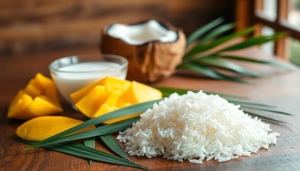 A carefully arranged still life showcasing the key ingredients for a delectable coconut mango sticky rice dessert. In the foreground, glistening grains of freshly cooked sticky rice are accompanied by sliced ripe mangoes, juicy and golden. In the middle ground, a bowl of thick, creamy coconut milk sits alongside a handful of fragrant pandan leaves. The background is softly blurred, highlighting the rich, earthy tones of the wooden table surface and the natural lighting filtering in from a nearby window, casting a warm, appetizing glow over the scene. The composition is balanced and visually appealing, inviting the viewer to envision the sweet, aromatic flavors of this beloved Southeast Asian treat. A carefully arranged still life showcasing the key ingredients for a delectable coconut mango sticky rice dessert. In the foreground, glistening grains of freshly cooked sticky rice are accompanied by sliced ripe mangoes, juicy and golden. In the middle ground, a bowl of thick, creamy coconut milk sits alongside a handful of fragrant pandan leaves. The background is softly blurred, highlighting the rich, earthy tones of the wooden table surface and the natural lighting filtering in from a nearby window, casting a warm, appetizing glow over the scene. The composition is balanced and visually appealing, inviting the viewer to envision the sweet, aromatic flavors of this beloved Southeast Asian treat.