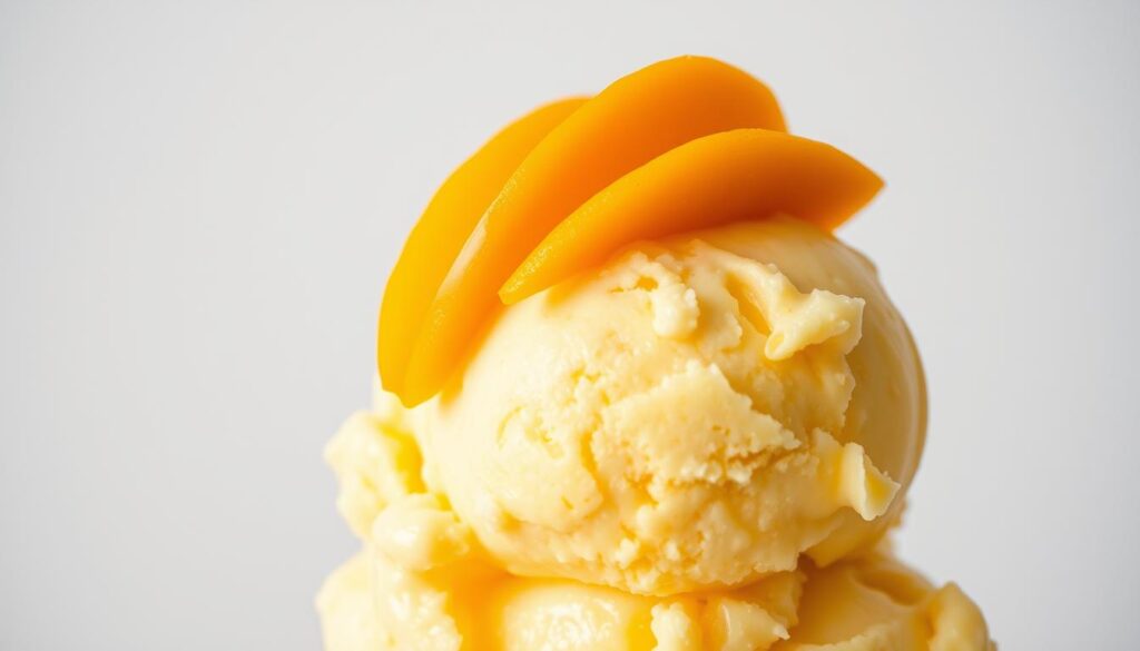 A close-up, high-quality photograph of a scoop of mango ice cream topped with delicate, vibrant mango slices arranged in an artistic pattern. The ice cream has a luscious, creamy texture with a soft, smooth sheen. The mango slices are fresh, juicy, and glistening, creating a visually appealing contrast against the pale yellow ice cream. The image is shot against a plain, minimalist background, with soft, natural lighting that accentuates the colors and textures of the ingredients. The overall composition is balanced and aesthetically pleasing, highlighting the key elements of the "Pro Tips, Variations, and Troubleshooting Texture" section of the mango ice cream recipe.