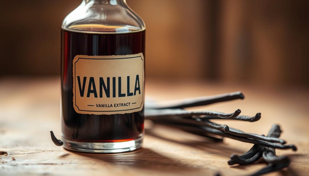 A close-up photograph of a glass bottle filled with rich, dark brown vanilla extract. The glass has a vintage, apothecary-style shape and a simple label. The lighting is soft and warm, creating a cozy, inviting atmosphere. The bottle is placed on a wooden surface, with a blurred background suggesting a rustic, natural setting. The composition emphasizes the essence and aroma of the vanilla extract, conveying a sense of culinary sophistication and homemade indulgence.