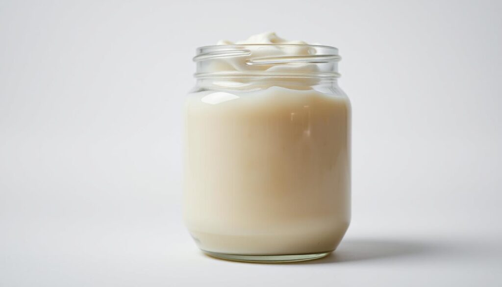 A close-up shot of a glass jar filled to the brim with thick, luxurious heavy cream. The cream has a glossy, silky texture, glistening under soft, diffused lighting that casts gentle shadows across its surface. The jar is positioned on a clean, minimalist white backdrop, allowing the cream to be the sole focus of the image. The lighting creates a warm, inviting atmosphere, highlighting the cream's rich, creamy consistency and evoking a sense of indulgence and culinary delight. The camera angle is slightly elevated, giving a sense of depth and emphasizing the depth and volume of the heavy cream.