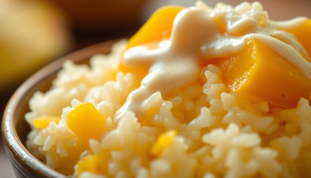 A close-up view of a decadent mango sticky rice dessert, composed of soft, fragrant coconut-infused sticky rice, topped with golden mango slices and a drizzle of rich, creamy coconut sauce. The lighting is warm and inviting, casting a soft, natural glow on the vibrant colors of the dish. The lens is slightly tilted, creating a sense of depth and drawing the viewer's attention to the delicate textures and layers of the treat. The overall mood is one of comfort, indulgence, and a touch of tropical elegance, perfectly capturing the essence of this delightful Southeast Asian delicacy. A close-up view of a decadent mango sticky rice dessert, composed of soft, fragrant coconut-infused sticky rice, topped with golden mango slices and a drizzle of rich, creamy coconut sauce. The lighting is warm and inviting, casting a soft, natural glow on the vibrant colors of the dish. The lens is slightly tilted, creating a sense of depth and drawing the viewer's attention to the delicate textures and layers of the treat. The overall mood is one of comfort, indulgence, and a touch of tropical elegance, perfectly capturing the essence of this delightful Southeast Asian delicacy.