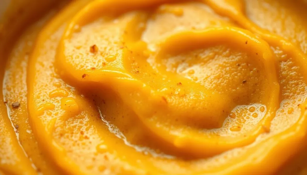 A close-up, well-lit photograph of a smooth, creamy pumpkin puree, the color a rich, deep orange. The puree fills the frame, the texture appearing silky and velvety. Tiny flecks of spice - cinnamon, nutmeg, ginger - are visible throughout, hinting at the aromatic flavors within. The lighting is soft and even, creating a cozy, autumnal atmosphere. The image has a high depth of field, keeping the entire surface of the puree in sharp focus. Captured with a macro lens to emphasize the luscious, almost tactile quality of the pumpkin mixture, ready to be incorporated into a decadent pumpkin spice latte ice cream.
