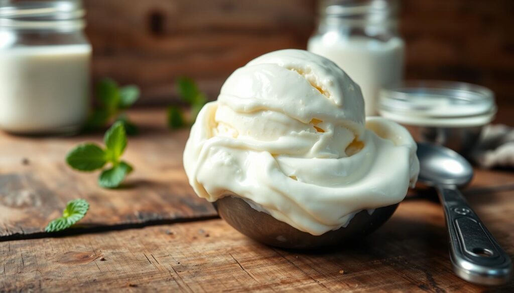 A creamy, homemade ice cream scoop sits atop a rustic wooden table, glistening under soft, natural lighting. The ice cream's texture is silky-smooth, with a rich, velvety appearance that beckons to be tasted. The background features a minimalist, yet cozy kitchen setting, with a few sprigs of fresh mint and a mason jar filled with cream, suggesting the simple, homemade origins of this delightful treat. The overall scene evokes a sense of warmth, comfort, and the delightful, grainy texture that makes homemade ice cream so irresistible.