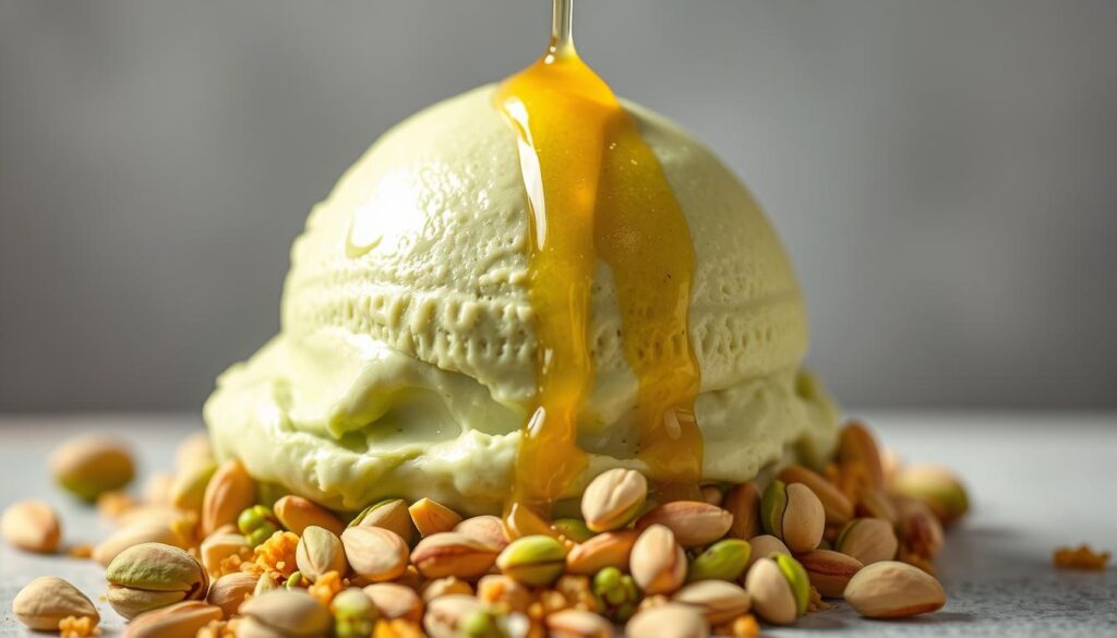 A creamy, lush scoop of pistachio ice cream, the rich green hue glistening under a warm summer sun. Freshly shucked pistachios, their vibrant green shells contrasting against the smooth, velvety texture of the frozen treat. Scattered around the base, crushed pistachios add a delightful crunch, while a drizzle of golden honey gently cascades over the top, creating an irresistible interplay of flavors and textures. The scene is captured in soft, diffused lighting, lending a dreamy, indulgent quality to the image. The camera angle slightly elevated, allowing the viewer to fully appreciate the layers of this quintessential summer dessert.