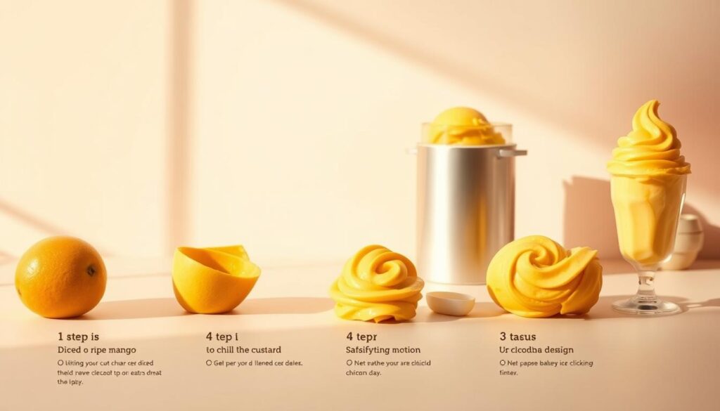 A crisp, clear timeline of mango ice cream preparation, showcased against a soft, pastel backdrop. In the foreground, a series of illustrated steps unfolds, meticulously detailing the process - from dicing ripe mangoes, to chilling the custard, to the satisfying churning motion, and finally, the frozen delight. The middle ground features a sleek, minimalist ice cream maker, casting gentle shadows. In the background, a gradient of mellow hues evokes a soothing, summertime atmosphere. Warm, natural lighting bathes the scene, accentuating the vibrant colors and smooth textures of the mango ice cream. The overall composition exudes a sense of order, efficiency, and the joy of homemade desserts.