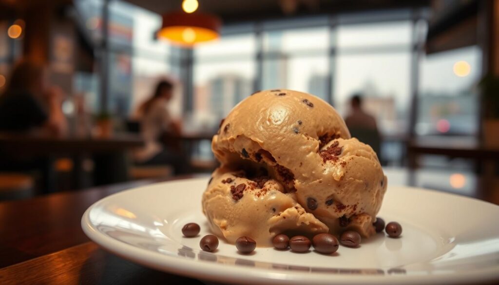 A delectable scoop of coffee ice cream, rich and aromatic, glistening under the warm, soft lighting of a cozy café. The creamy texture is punctuated by flecks of freshly ground coffee beans, lending a subtle, invigorating crunch. The dessert is presented on a crisp white plate, its smooth surface accentuating the deep, mahogany hue of the ice cream. In the background, a hazy, out-of-focus cityscape hints at the bustling urban setting, while the foreground is dominated by the tempting frozen treat, beckoning the viewer to indulge in its caffeinated deliciousness.