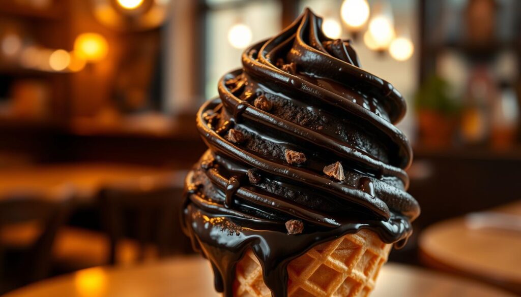 A delectable scoop of creamy, jet-black licorice ice cream sits atop a crisp waffle cone, drizzled with a glossy, dark chocolate glaze. The ice cream's rich, anise-infused flavor is complemented by the slight crunch of licorice pieces scattered throughout. Framed against a backdrop of a cozy, dimly lit café, the image radiates a warm, inviting atmosphere, perfect for savoring this indulgent and unique frozen treat. Soft, natural lighting casts a gentle glow, highlighting the glossy sheen of the ice cream and the delicate textures of the waffle cone. The overall composition evokes a sense of artisanal craft and indulgence, inviting the viewer to imagine the complex flavors and satisfying mouthfeel of this delicious licorice ice cream.