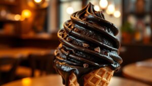 Black Licorice Ice Cream on a Waffle Cone with Chocolate Glaze