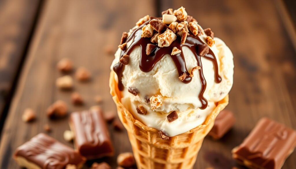 A delightful scoop of creamy butterfinger ice cream sits atop a waffle cone, drizzled with a rich chocolate sauce and sprinkled with crushed butterfinger candy pieces. The ice cream glistens under the warm, soft lighting, inviting you to indulge in its crunchy and decadent texture. The cone is positioned on a rustic wooden surface, surrounded by a few scattered butterfinger bars, hinting at the satisfying flavors to come. The overall scene exudes an atmosphere of indulgence and shared pleasure, perfectly capturing the spirit of the "Serving Ideas: Top, Scoop, and Share" section.