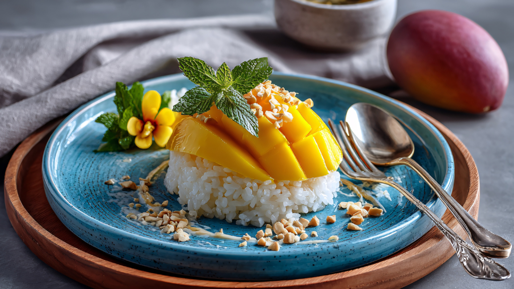 A luscious pile of sticky white rice, glistening with a light sheen of sweet coconut milk. In the foreground, a vibrant mango slice rests atop the rice, its golden hues complementing the creamy ivory tones. The middle ground features a scattering of toasted sesame seeds, adding a delicate crunch. Soft, natural lighting illuminates the scene, casting a warm, inviting glow. The angle is slightly elevated, allowing the viewer to appreciate the layers of texture and color. The overall mood is one of indulgence and tropical delight, perfectly capturing the essence of the mouthwatering mango sticky rice treat. A luscious pile of sticky white rice, glistening with a light sheen of sweet coconut milk. In the foreground, a vibrant mango slice rests atop the rice, its golden hues complementing the creamy ivory tones. The middle ground features a scattering of toasted sesame seeds, adding a delicate crunch. Soft, natural lighting illuminates the scene, casting a warm, inviting glow. The angle is slightly elevated, allowing the viewer to appreciate the layers of texture and color. The overall mood is one of indulgence and tropical delight, perfectly capturing the essence of the mouthwatering mango sticky rice treat.