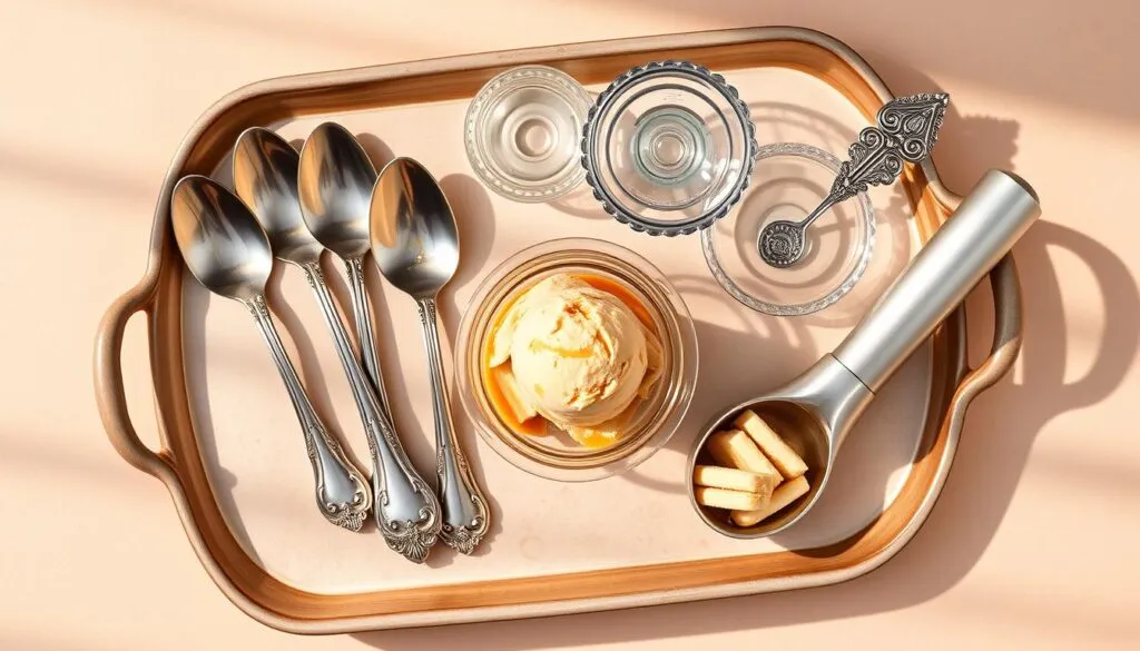 A neatly arranged tray with various serving implements for ice cream: ornate silver spoons, delicate glass dishes, and a decorative ice cream scoop. The tray is set against a soft, pastel-colored background, with warm, directional lighting creating gentle shadows and highlights. The scene exudes an inviting, autumnal atmosphere, hinting at the pumpkin spice latte-inspired ice cream featured in the article. The overall composition is visually balanced and aesthetically pleasing, guiding the viewer's attention to the essential serving elements.