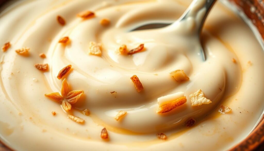 A rich, glossy coconut cream sauce with a smooth, velvety texture, glistening under warm, soft lighting. Silky coconut milk blends with aromatic spices, creating a decadent, creamy condiment. Swirls and ripples in the sauce, inviting the viewer to dip, drizzle, or savor each spoonful. Garnished with freshly toasted coconut flakes, adding a delightful crunch and contrast to the luscious creaminess. The sauce is presented in a rustic, earthenware dish, highlighting its artisanal, homemade quality. An alluring, mouthwatering scene that evokes the flavors of tropical indulgence. A rich, glossy coconut cream sauce with a smooth, velvety texture, glistening under warm, soft lighting. Silky coconut milk blends with aromatic spices, creating a decadent, creamy condiment. Swirls and ripples in the sauce, inviting the viewer to dip, drizzle, or savor each spoonful. Garnished with freshly toasted coconut flakes, adding a delightful crunch and contrast to the luscious creaminess. The sauce is presented in a rustic, earthenware dish, highlighting its artisanal, homemade quality. An alluring, mouthwatering scene that evokes the flavors of tropical indulgence.