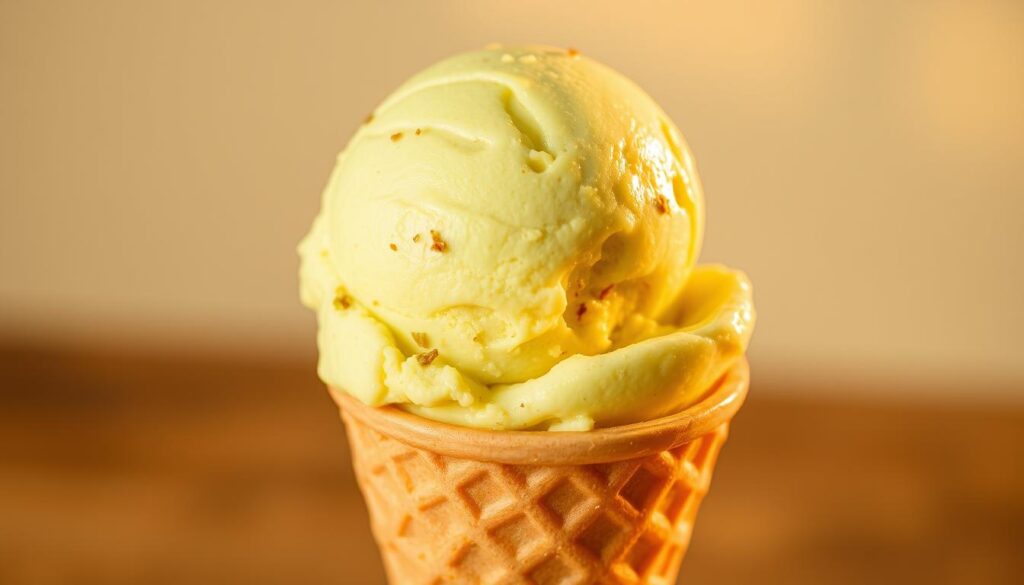 A scoop of rich, creamy pistachio ice cream, glistening with a hint of golden hue, sits atop a waffle cone. The ice cream's surface is delicately textured, with flecks of ground pistachios visible throughout. The cone casts a soft shadow, adding depth and dimension to the scene. Warm, directional lighting bathes the composition, creating a cozy, inviting atmosphere. The image is captured from a slightly elevated angle, emphasizing the artful presentation of this decadent summer dessert.
