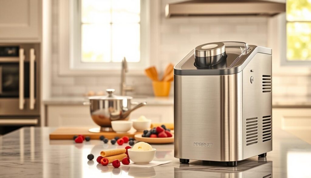 A sleek, modern ice cream maker set against a bright, airy kitchen backdrop. The appliance's brushed metal finish and minimalist design stand out prominently in the foreground, hinting at its precision engineering and ability to create the creamiest, most indulgent ice cream. Soft, natural lighting from windows casts a warm glow, setting an inviting mood. The middle ground features a mix of stainless steel mixing bowls, cream-colored ceramic ramekins, and a scattering of fresh berries - essential ingredients for crafting the perfect Butterfinger ice cream. In the background, a subway tile backsplash and smooth granite countertops create a clean, professional aesthetic, ready to showcase the maker's artisanal skills.