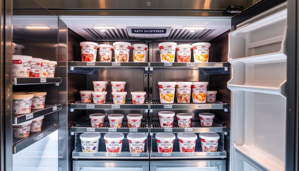 A spacious stainless steel freezer, its shelves neatly arranged with various ice cream tubs. Soft lighting illuminates the compartments, casting a warm glow on the frozen confections. The shelves are labeled with flavors, allowing for easy organization. In the background, the freezer's efficient compressor hums quietly, maintaining the optimal temperature to preserve the ice cream's smooth, creamy texture. A minimalist, modern design complements the practical layout, creating a visually appealing and functional storage solution for the home.