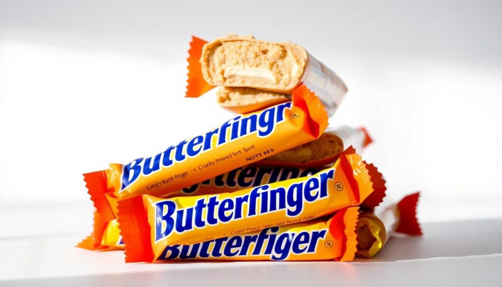 A stack of freshly unwrapped Butterfinger candy bars, nestled against a plain white background, bathed in soft, diffused natural light. The bars are arranged in an enticing, slightly off-center composition, showcasing their iconic orange and yellow packaging and the satisfying crunch of the signature crunchy peanut butter filling. The scene conveys a sense of appetite-whetting anticipation, hinting at the delightful flavors and textures that await in the Butterfinger Ice Cream Recipe.