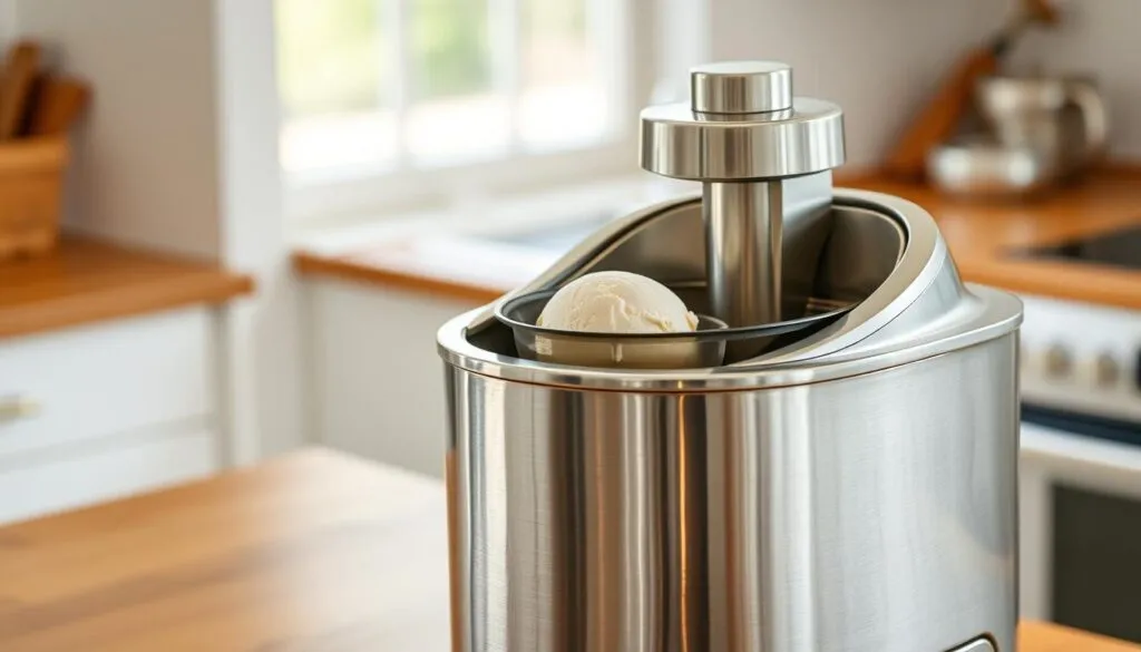 A stainless steel ice cream maker sits on a wooden kitchen counter, its gleaming metal body reflecting the soft, natural light filtering in through a nearby window. The machine's cylindrical shape and sleek design suggest a premium, high-quality appliance. A metal bowl inside the machine's housing is poised to churn rich, creamy ice cream, its surface shimmering with the promise of a delightful homemade treat. The scene exudes a sense of culinary craftsmanship and the joyful anticipation of homemade ice cream, perfectly suited to illustrate a section on tools and setup for a keto-friendly ice cream recipe.