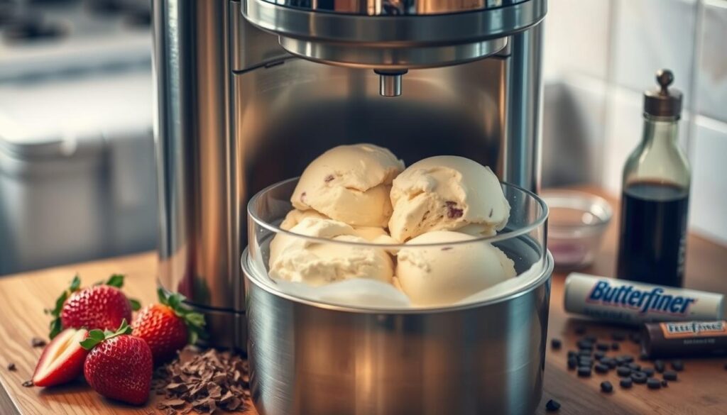 A stainless steel ice cream maker sits on a wooden kitchen counter, its shiny interior churning a rich, creamy ice cream. Surrounding it, fresh strawberries, chocolate shavings, and a bottle of vanilla extract create a tempting mise en scène. Soft, diffused lighting casts a warm glow, highlighting the textures and colors. The scene conveys a homely, artisanal atmosphere, inviting the viewer to imagine the delicious Butterfinger-infused treat about to be created.