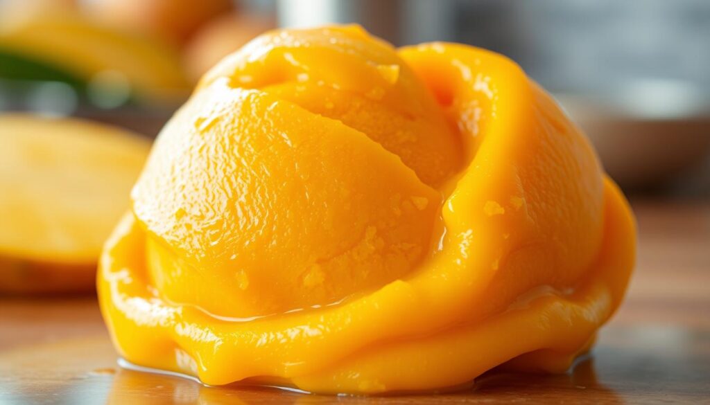 A vibrant and creamy mango puree, chilled to a smooth, luscious consistency, glistening under the warm, golden light of a kitchen counter. The puree's vivid orange hue is accentuated by a slight sheen, creating a tantalizing, appetizing appearance. The texture is silky and inviting, with just a hint of graininess that suggests the natural richness of the fruit. The composition places the puree in the center of the frame, allowing it to be the focal point, while a subtly blurred background hints at the setting of a home kitchen, ready to be transformed into a delectable mango ice cream.