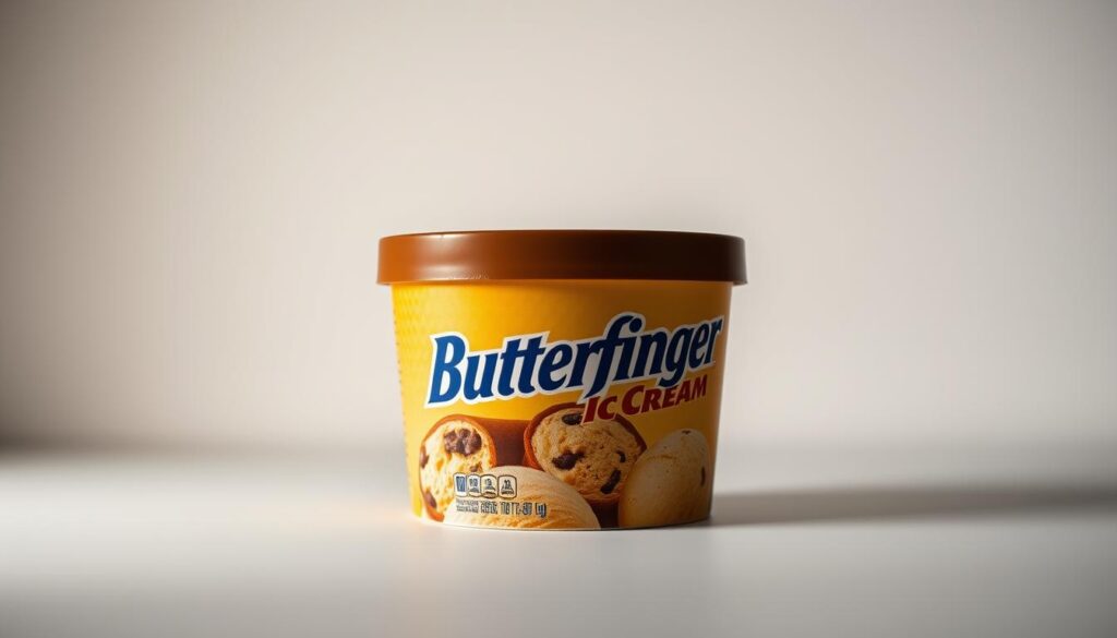 An elegantly arranged still life showcasing a container of Butterfinger ice cream. The container is positioned in the foreground, capturing the texture and color of the frozen treat. The middle ground features a clean, minimalist background, allowing the ice cream to be the focal point. Soft, even lighting illuminates the scene, creating a warm and inviting atmosphere. The camera angle is slightly elevated, providing a clear, unobstructed view of the container and its contents. The overall composition conveys a sense of simplicity, quality, and the delightful indulgence of this specialty ice cream.