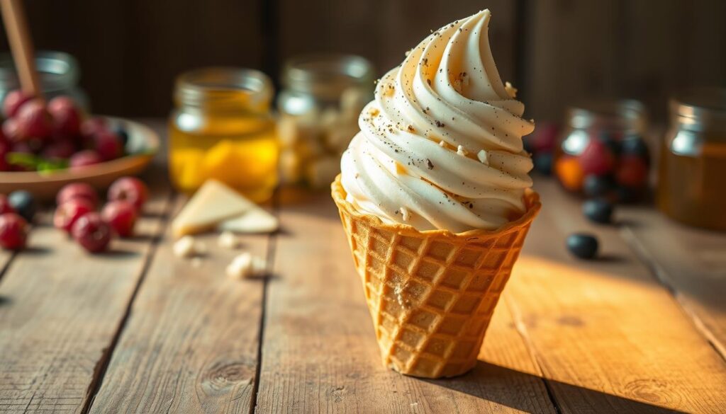 Creamy, soft-serve cheese ice cream, swirled with ribbons of savory parmesan and crumbled feta. Scoops sit atop a waffle cone, dusted with a light sprinkle of cracked black pepper. The cone casts a long, warm shadow across a weathered wooden table, illuminated by soft, golden overhead lighting. In the background, a blurred array of vibrant, jewel-toned berries and drizzled honey jars create a rustic, artisanal scene. The overall mood is one of delightful surprise, where the unexpected marriage of cheese and ice cream evokes a sense of culinary adventure.