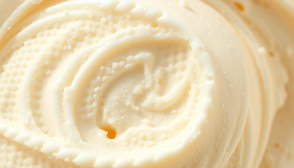 Crisp, intricate texture of an artisanal ice cream, captured in high resolution. Closeup view showcasing the smooth, creamy surface with delicate swirls and patterns. Subtle highlights and shadows accentuate the lush, velvety mouthfeel. Lit from above with warm, natural lighting, casting gentle shadows that reveal the depth and richness of the frozen dessert. Minimal, clean background allows the textural details to take center stage, inviting the viewer to imagine the luxurious, indulgent experience of tasting this premium, homemade treat.