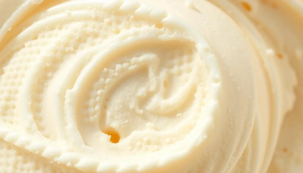 Crisp, intricate texture of an artisanal ice cream, captured in high resolution. Closeup view showcasing the smooth, creamy surface with delicate swirls and patterns. Subtle highlights and shadows accentuate the lush, velvety mouthfeel. Lit from above with warm, natural lighting, casting gentle shadows that reveal the depth and richness of the frozen dessert. Minimal, clean background allows the textural details to take center stage, inviting the viewer to imagine the luxurious, indulgent experience of tasting this premium, homemade treat.