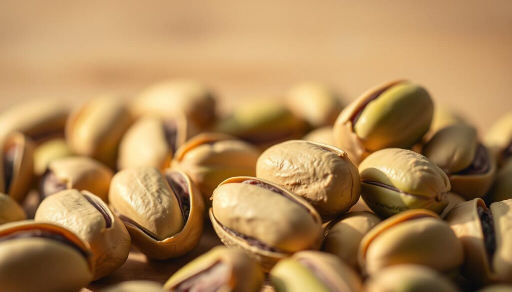 High-resolution, macro shot of freshly shelled pistachios, captured in a warm, golden-toned natural lighting. The pistachios are arranged in the foreground, showcasing their distinct green shells and the intricate patterns on their surfaces. The middle ground features a soft, blurred background, creating a clean, minimalist composition that emphasizes the texture and details of the nuts. The overall mood is one of simplicity, elegance, and the natural beauty of this ingredient, perfectly suited to illustrate the "Ingredients and gear for the perfect ice cream base" section of the article.