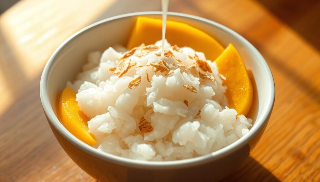 Steaming hot, glistening glutinous rice grains, delicately arranged in a white ceramic bowl. Soft, plump, and slightly sticky, the rice is nestled between slices of fresh, vibrant mango, their golden hues complementing the creamy white of the coconut-infused sticky rice. Beams of warm, indirect lighting cast a soft, inviting glow, highlighting the alluring texture and natural sweetness of this mouthwatering Thai dessert. A sprinkling of toasted coconut flakes adds a delicate crunch, while a drizzle of fragrant coconut milk adds a luscious, velvety finish. Captured in a clean, minimalist style, this image evokes the essence of a perfectly executed coconut mango sticky rice, a delightful treat bursting with tropical flavors. Steaming hot, glistening glutinous rice grains, delicately arranged in a white ceramic bowl. Soft, plump, and slightly sticky, the rice is nestled between slices of fresh, vibrant mango, their golden hues complementing the creamy white of the coconut-infused sticky rice. Beams of warm, indirect lighting cast a soft, inviting glow, highlighting the alluring texture and natural sweetness of this mouthwatering Thai dessert. A sprinkling of toasted coconut flakes adds a delicate crunch, while a drizzle of fragrant coconut milk adds a luscious, velvety finish. Captured in a clean, minimalist style, this image evokes the essence of a perfectly executed coconut mango sticky rice, a delightful treat bursting with tropical flavors.