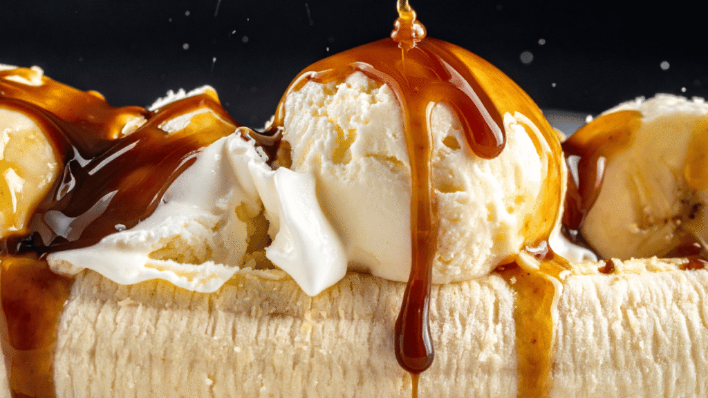 A well-lit, close-up photograph of a variety of fresh, ripe banana slices, whole vanilla beans, a small bowl of creamy vanilla ice cream, a hand-held ice cream scoop, and a small glass jar filled with crunchy granola, all arranged on a light wooden surface with a soft, natural backdrop. The lighting is warm and diffused, creating a soft, inviting atmosphere that highlights the textures and colors of the ingredients. The composition is balanced and visually appealing, drawing the viewer's attention to the key elements of the banana ice cream recipe. Banana ice cream recipe: ingredients and equipment at a glance