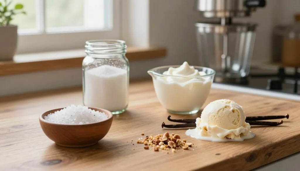 A beautifully arranged flat-lay of ingredients for grainy ice cream on a wooden countertop. In the foreground, showcase a bowl of coarse sea salt, a scoop of vanilla beans, and a handful of crushed nuts. In the middle, include a jar of sugar, fresh cream in a measuring cup, and an ice cream maker. The background should feature a rustic kitchen setting with soft, diffused natural light streaming through a window, highlighting the textures of the ingredients. Use a shallow depth of field to keep the focus on the ingredients while creating a warm, inviting atmosphere that evokes the joy of making this unique treat. Emphasize the earthy tones and creamy whites for a cohesive look. A beautifully arranged flat-lay of ingredients for grainy ice cream on a wooden countertop. In the foreground, showcase a bowl of coarse sea salt, a scoop of vanilla beans, and a handful of crushed nuts. In the middle, include a jar of sugar, fresh cream in a measuring cup, and an ice cream maker. The background should feature a rustic kitchen setting with soft, diffused natural light streaming through a window, highlighting the textures of the ingredients. Use a shallow depth of field to keep the focus on the ingredients while creating a warm, inviting atmosphere that evokes the joy of making this unique treat. Emphasize the earthy tones and creamy whites for a cohesive look.