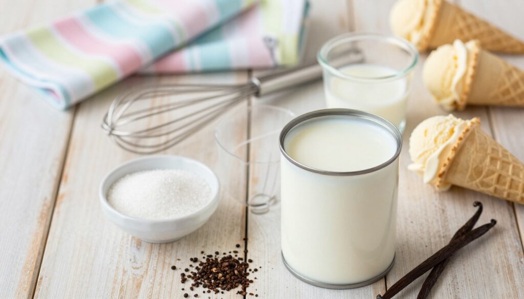 A beautifully arranged flat lay of ingredients for making creamy three-ingredient ice cream, with evaporated milk as the focal point. In the foreground, a can of evaporated milk is prominently displayed next to a small bowl of sugar and a generous scoop of finely crushed vanilla beans. In the middle section, a whisk and a measuring cup rest on a rustic wooden table, suggesting preparation. The background is softly blurred with a pastel-colored kitchen towel and a few scattered ice cream cones, evoking a light and inviting atmosphere. Bright, natural lighting brings warmth to the scene, highlighting the textures and colors of the ingredients. The angle is slightly overhead, emphasizing the arrangement while maintaining a cozy, homemade feel.