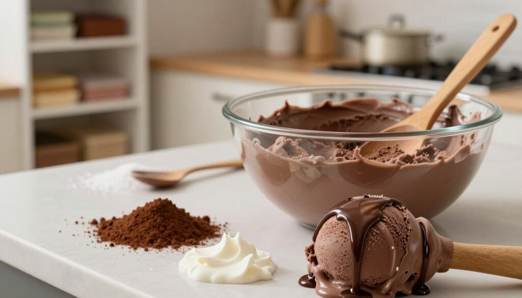 A beautifully arranged kitchen countertop featuring a creamy chocolate ice cream mixture in a large mixing bowl, with a wooden spoon resting beside it. In the foreground, show a close-up of rich, melting chocolate drizzling down the side of an ice cream scoop, glistening under soft, warm lighting. In the middle, add ingredients like cocoa powder, sugar, and fresh cream artfully scattered around, hinting at the recipe's steps. In the background, a well-stocked pantry and a small pot on the stove, suggesting a cozy home atmosphere. The scene should evoke a sense of warmth and indulgence, inviting viewers into the joy of making chocolate ice cream. Use a natural lens with a slight bokeh effect to emphasize the ice cream preparation process, enhancing the inviting mood.