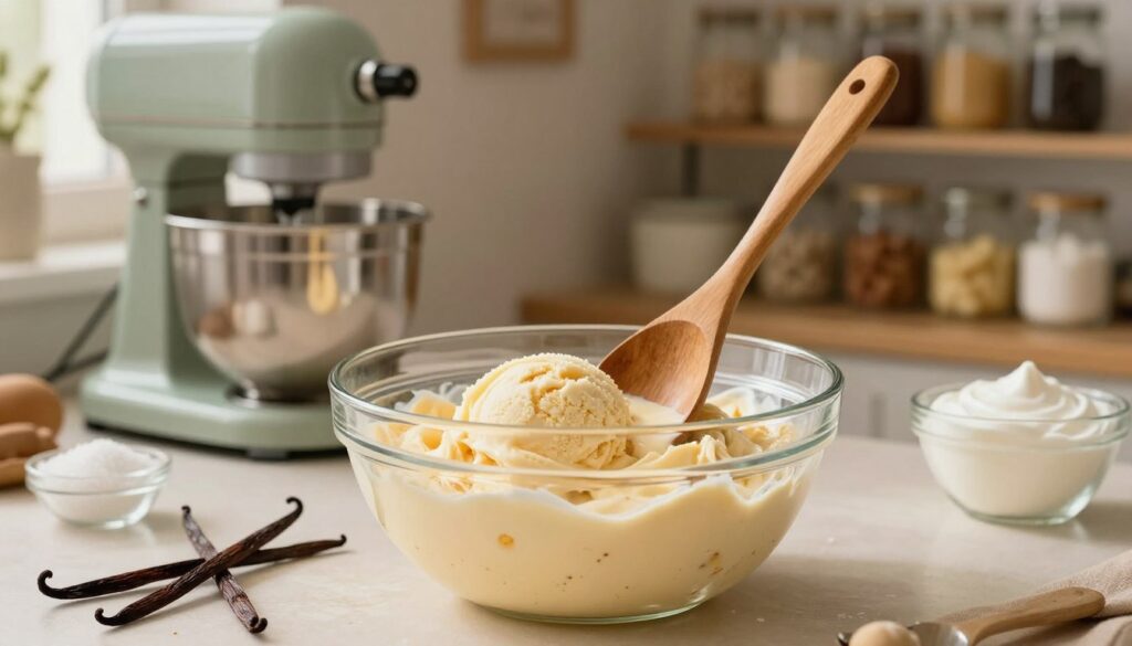 A beautifully styled kitchen with warm, soft lighting, showcasing a glass mixing bowl filled with creamy vanilla ice cream base. In the foreground, a wooden spoon gently stirs the mixture, its texture smooth and rich, capturing the essence of homemade delight. Surrounding the bowl are various ingredients like fresh vanilla beans, sugar, and cream, elegantly arranged. The middle ground features a vintage mixer, adding a touch of nostalgia, while in the background, shelves lined with glass jars of flavors and toppings subtly hint at the ice cream-making process. The atmosphere is inviting and cozy, evoking the joy of crafting a classic dessert. The image is captured with a shallow depth of field, emphasizing the mixing bowl and spoon while softening the backdrop, creating a nostalgic and cheerful mood.
