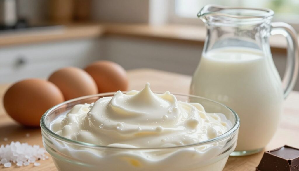 A close-up image showcasing the rich textures and colors of heavy cream and whole milk ingredients. The foreground features a glass bowl filled with thick, luscious heavy cream, with droplets of condensation glistening on the surface. Beside it, a small pitcher overflows with whole milk, casting soft, creamy splashes. In the middle ground, artisanal farm-fresh eggs and a sprinkle of coarse sea salt add elements of rustic charm. The background provides a warm, softly blurred kitchen setting with wooden surfaces, evoking a cozy, inviting atmosphere. Natural light streams in from a nearby window, creating highlights and gentle shadows that enhance the creamy textures. The overall mood is rich, inviting, and delectable, focusing on the ingredients that elevate chocolate ice cream.