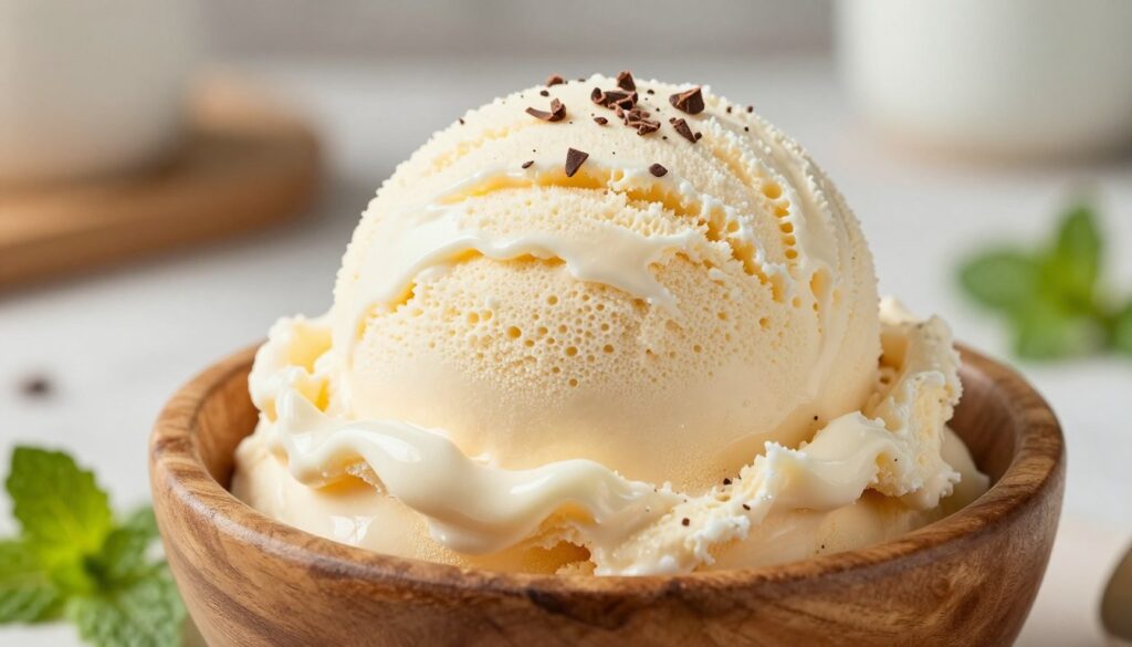 A close-up of a creamy ice cream scoop, showcasing its rich, velvety texture with a glossy sheen. The ice cream is in a rustic wooden bowl, surrounded by a few scattered chocolate shavings and fresh mint leaves for contrast. The texture should reveal tiny air bubbles and swirls, emphasizing the smoothness and richness typical of classic ice cream. The setting is softly lit with natural light pouring in from the side, creating gentle highlights and shadows that accentuate the ice cream's luscious form. The background is a softly blurred kitchen scene, hinting at a warm, inviting atmosphere with pastel colors. Focus on the inviting, indulgent nature of the ice cream, evoking a sense of comfort and nostalgia.