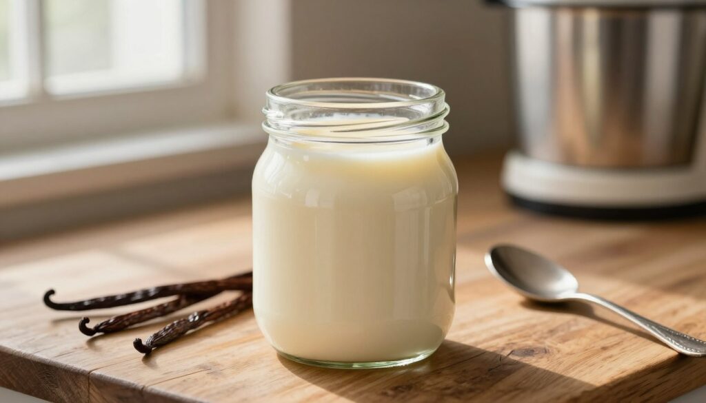 A close-up of a glass jar filled with creamy sweetened condensed milk, showcasing its smooth, silky texture and rich vanilla hue. The jar is placed on a rustic wooden countertop surrounded by a few scattered vanilla bean pods and a delicate spoon rested beside it. Soft, natural light filters in from a nearby window, creating gentle highlights on the jar and casting soft shadows, enhancing the overall warmth of the scene. In the background, a blurred kitchen setting hints at the process of making ice cream, with a subtle focus on an ice cream maker partially visible. The mood is cozy and inviting, emphasizing the ingredients that create delicious, homemade ice cream.